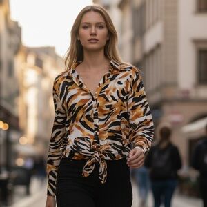 (NWT) Vince Camuto Orange and Black Animal Print Tie-Front Button-Up Blouse